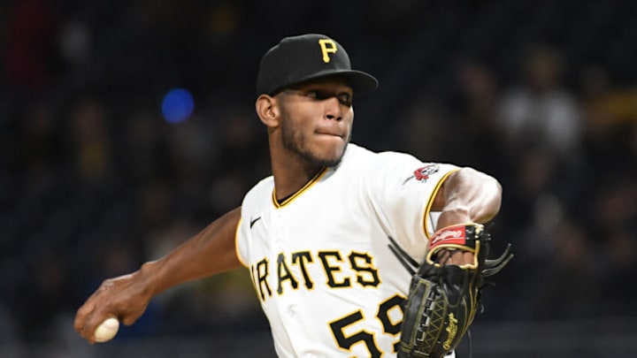 Apr 14, 2022; Pittsburgh, Pennsylvania, USA; Pittsburgh Pirates pitcher Roansy Contreras (59) throws the ball against the Washington Nationals at PNC Park. Mandatory Credit: Philip G. Pavely-USA TODAY Sports