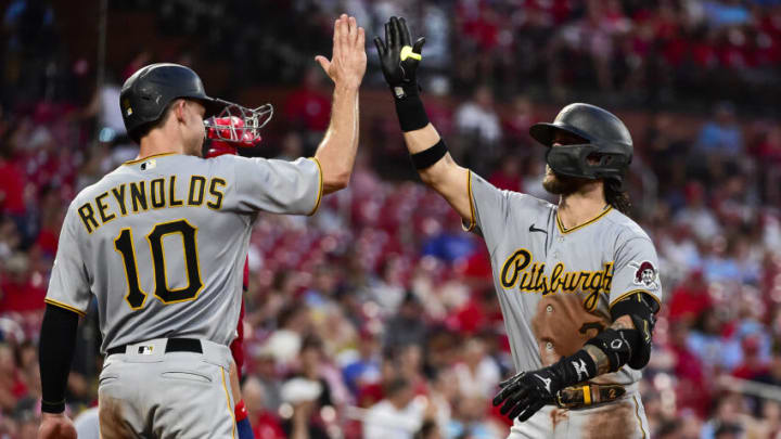 Jun 13, 2022; St. Louis, Missouri, USA; Pittsburgh Pirates first baseman Michael Chavis (2) celebrates with center fielder Bryan Reynolds (10) after hitting a three run home run against the St. Louis Cardinals during the fifth inning at Busch Stadium. Mandatory Credit: Jeff Curry-USA TODAY Sports