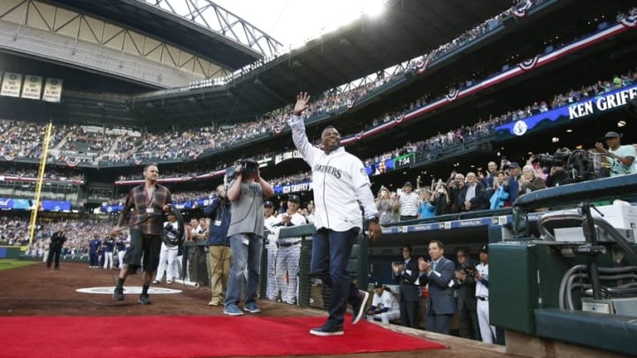 Apr 8, 2016; Seattle, WA, USA; Seattle Mariners former outfielder Ken Griffey, Jr. is introduced during a pre game ceremony honoring his selection to the baseball hall of fame before a game against the Oakland Athletics at Safeco Field. Mandatory Credit: Joe Nicholson-USA TODAY Sports