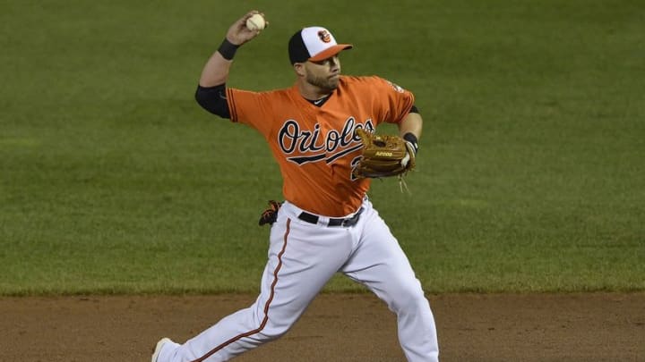 Aug 20, 2016; Baltimore, MD, USA; Baltimore Orioles second baseman Steve Pearce (28) throws to first base during the ninth inning against the Baltimore Orioles at Oriole Park at Camden Yards. Baltimore Orioles defeated Houston Astros 12-2.Mandatory Credit: Tommy Gilligan-USA TODAY Sports