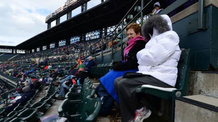 May 10, 2015; Denver, CO, USA; General view of fans during the cold temperature in the fifth inning of the game between the Los Angeles Dodgers against the Colorado Rockies at Coors Field. The Dodgers defeated the Rockies 9-5. Mandatory Credit: Ron Chenoy-USA TODAY Sports