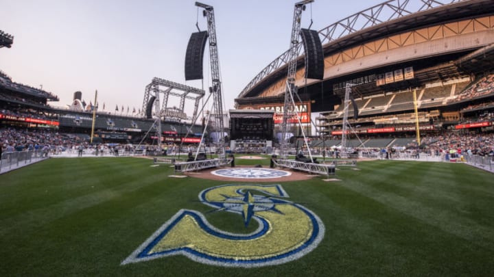 SEATTLE, WA - AUGUST 08: The Mariners logo is displayed on the infield grass alongside speaker towers before Pearl Jam's performance starts at Safeco Field on August 8, 2018 in Seattle, Washington. (Photo by Jim Bennett/Getty Images)
