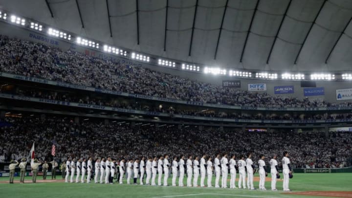 TOKYO, JAPAN - NOVEMBER 11: Japanese players line up prior to the game three of Japan and MLB All Stars at Tokyo Dome on November 11, 2018 in Tokyo, Japan. (Photo by Kiyoshi Ota/Getty Images)