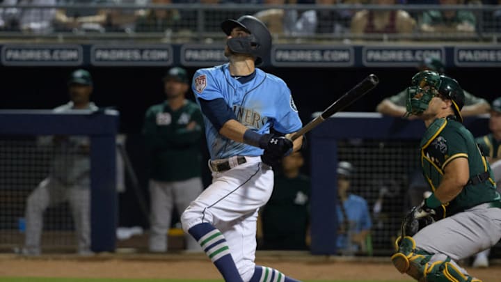 PEORIA, ARIZONA - MARCH 06: Braden Bishop #5 of the Seattle Mariners hits a three run home run against the Oakland Athletics during the spring training game at Peoria Stadium on March 06, 2019 in Peoria, Arizona. (Photo by Jennifer Stewart/Getty Images) PEORIA, ARIZONA - MARCH 06: Braden Bishop #5 of the Seattle Mariners hits a three run home run against the Oakland Athletics during the spring training game at Peoria Stadium on March 06, 2019 in Peoria, Arizona. (Photo by Jennifer Stewart/Getty Images)