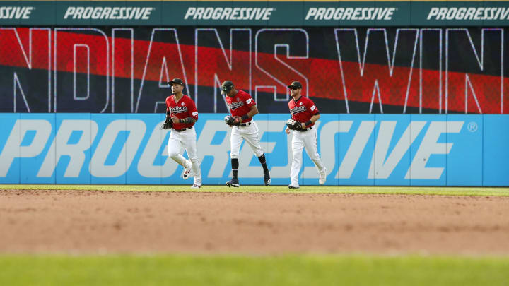 CLEVELAND, OH – MAY 18: Carlos Gonzalez #24, Oscar Mercado #35, and Jordan Luplow #8 of the Cleveland Indians head to the dugout after the Indians defeated the Baltimore Orioles at Progressive Field on May 18, 2019 in Cleveland, Ohio. The Indians defeated the Orioles 4-1. (Photo by David Maxwell/Getty Images)