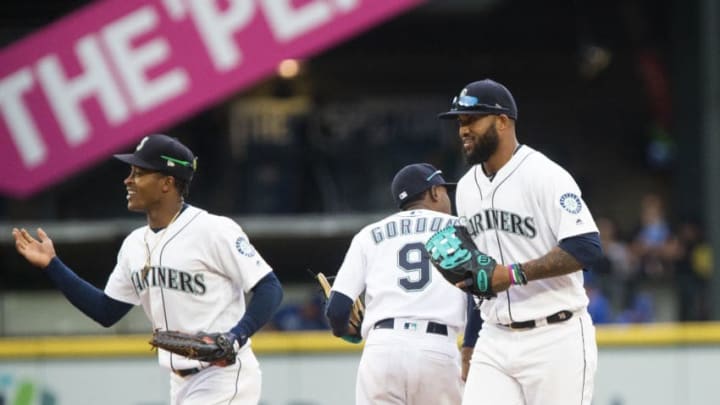 SEATTLE, WA - JUNE 19: Mallex Smith #0 of the Seattle Mariners, left Dee Gordon #9, and Domingo Santana #16 celebrate their win over the Kansas City Royals at T-Mobile Park on June 19, 2019 in Seattle, Washington. The Seattle Mariners beat the Kansas City Royals 8-2. (Photo by Lindsey Wasson/Getty Images) SEATTLE, WA - JUNE 19: Mallex Smith #0 of the Seattle Mariners, left Dee Gordon #9, and Domingo Santana #16 celebrate their win over the Kansas City Royals at T-Mobile Park on June 19, 2019 in Seattle, Washington. The Seattle Mariners beat the Kansas City Royals 8-2. (Photo by Lindsey Wasson/Getty Images)