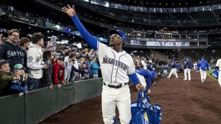 SEATTLE, WA - SEPTEMBER 29: Shed Long #39 of the Seattle Mariners hands out memorbilia after a game against the Oakland Athletics to end the season at T-Mobile Park on September 29, 2019 in Seattle, Washington. The Mariners won 3-1. (Photo by Stephen Brashear/Getty Images)
