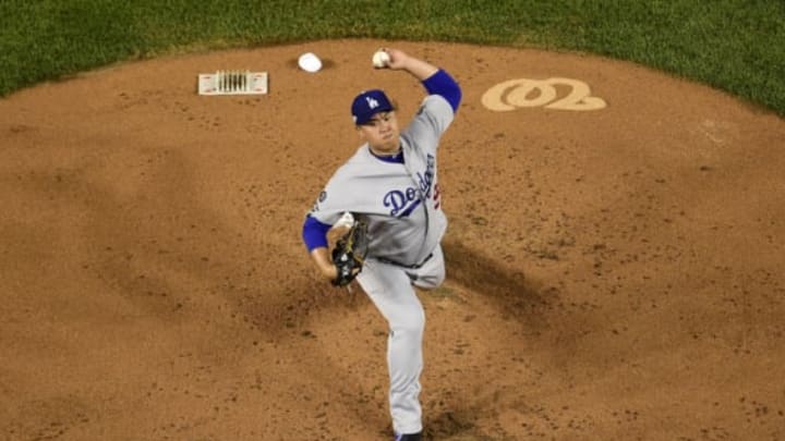 WASHINGTON, DC – OCTOBER 06: Hyun-Jin Ryu #99 of the Los Angeles Dodgers pitches in the first inning against the Washington Nationals in Game 3 of the NLDS at Nationals Park on October 6, 2019, in Washington, DC. (Photo by Patrick McDermott/Getty Images)
