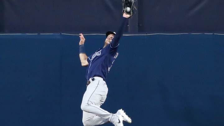 Kevin Kiermaier of the Tampa Bay Rays makes a catch. Seattle Mariners