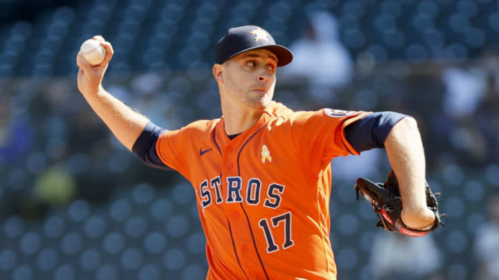 SEATTLE, WASHINGTON - SEPTEMBER 01: Jake Odorizzi #17 of the Houston Astros pitches during the first inning against the Seattle Mariners at T-Mobile Park on September 01, 2021 in Seattle, Washington. (Photo by Steph Chambers/Getty Images) SEATTLE, WASHINGTON - SEPTEMBER 01: Jake Odorizzi #17 of the Houston Astros pitches during the first inning against the Seattle Mariners at T-Mobile Park on September 01, 2021 in Seattle, Washington. (Photo by Steph Chambers/Getty Images)