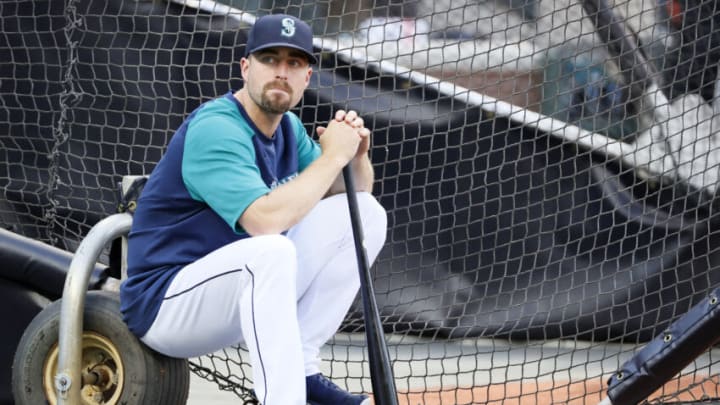 SEATTLE, WASHINGTON - OCTOBER 02: Tom Murphy #2 of the Seattle Mariners looks on before the game against the Los Angeles Angels at T-Mobile Park on October 02, 2021 in Seattle, Washington. (Photo by Steph Chambers/Getty Images)