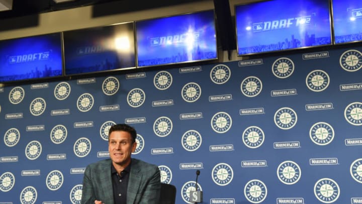 SEATTLE, WASHINGTON - JULY 17: Baseball Operations President Jerry Dipoto of the Seattle Mariners addresses the media after picking SS Cole Young 21st overall in the 2022 MLB Draft at T-Mobile Park on July 17, 2022 in Seattle, Washington. (Photo by Alika Jenner/Getty Images)