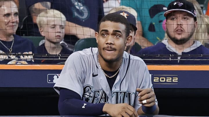 HOUSTON, TEXAS - OCTOBER 13: Julio Rodriguez #44 of the Seattle Mariners watches from the dugout against the Houston Astros in the Division Series at Minute Maid Park on October 13, 2022 in Houston, Texas. (Photo by Bob Levey/Getty Images)