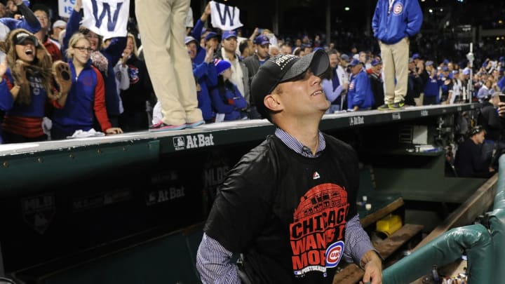 Theo Epstein leaves the dugout to celebrate. Seattle Mariners are interested in him.