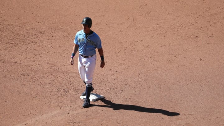 SEATTLE, WASHINGTON - JULY 13: Julio Rodriguez #85 of the Seattle Mariners looks on from second base during an intrasquad game during summer workouts. (Photo by Abbie Parr/Getty Images)