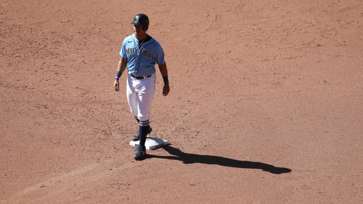 Julio Rodriguez of the Seattle Mariners stands on second base during an intrasquad game.