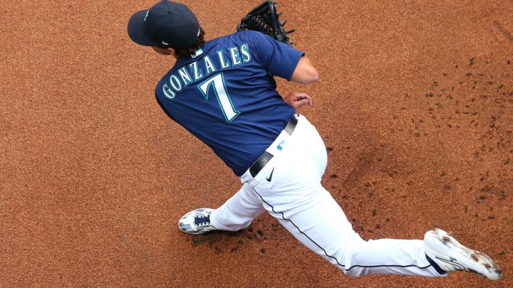 Marco Gonzales of the Mariners warms up in the bullpen.