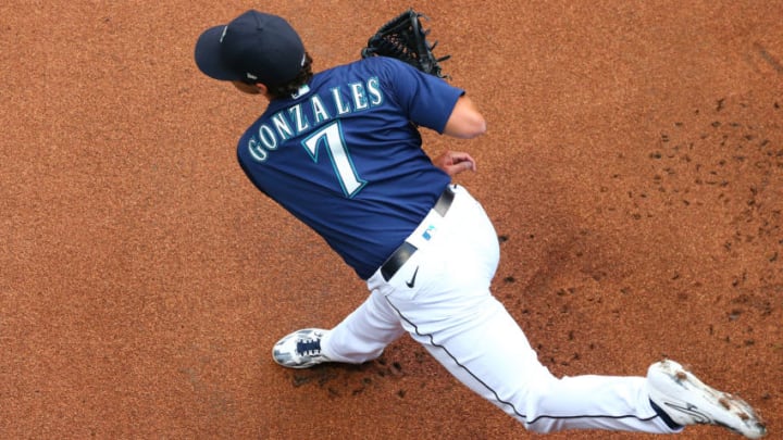 SEATTLE, WASHINGTON - SEPTEMBER 21: Marco Gonzales of the Seattle Mariners warms up before their game against the Astros. (Photo by Abbie Parr/Getty Images)