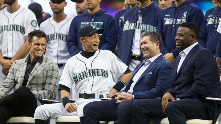 SEATTLE, WA – SEPTEMBER 14: Seattle Mariners general manager Jerry Dipoto looks on as Ichiro Suzuki, center laughs with former Seattle Mariners players Edgar Martinez and Ken Griffey Jr. as Suzuki receives the Seattle Mariners Franchise Achievement Award before the game against the Chicago White Sox at T-Mobile Park on September 14, 2019 in Seattle, Washington. (Photo by Lindsey Wasson/Getty Images)