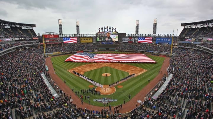 Apr 8, 2016; Chicago, IL, USA; A general shot during the national anthem prior to a game between the Chicago White Sox and the Cleveland Indians at U.S. Cellular Field. Mandatory Credit: Dennis Wierzbicki-USA TODAY Sports