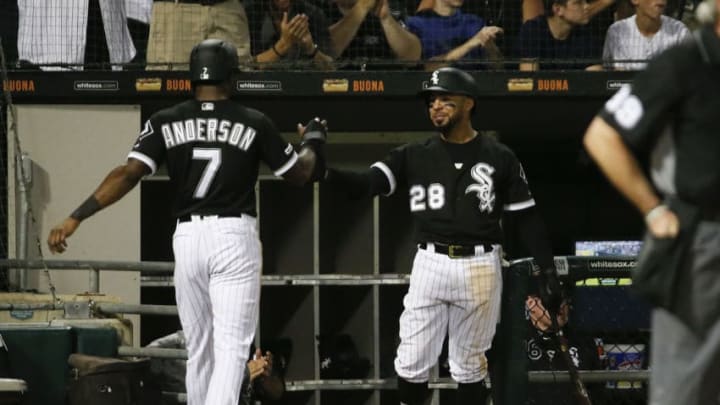CHICAGO, ILLINOIS - MAY 31: Tim Anderson #7 of the Chicago White Sox is congratulated by Leury Garcia #28 after he scored during the fifth inning against the Cleveland Indians at Guaranteed Rate Field on May 31, 2019 in Chicago, Illinois. (Photo by Nuccio DiNuzzo/Getty Images)