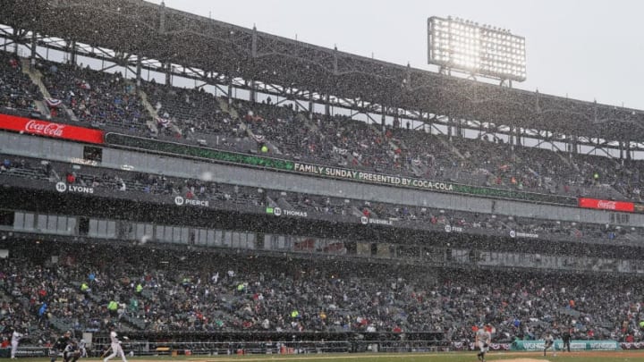CHICAGO, IL - APRIL 05: Snow falls during the Opening Day home game between the Chicago White Sox and the Detroit Tigers at Guaranteed Rate Field on April 5, 2018 in Chicago, Illinois. (Photo by Jonathan Daniel/Getty Images)