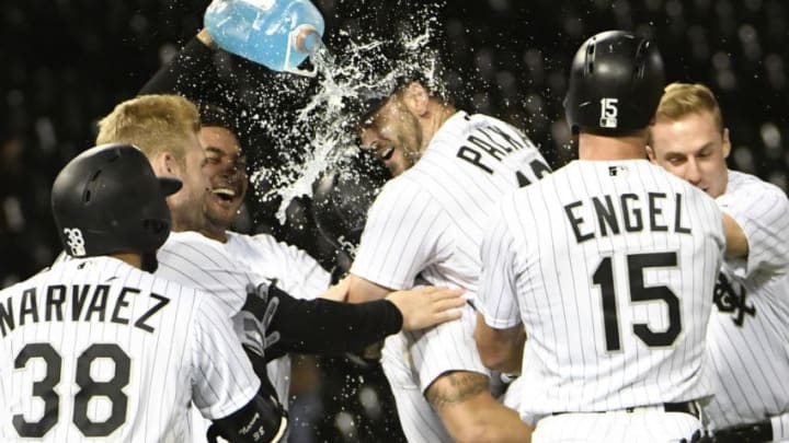 CHICAGO, IL - SEPTEMBER 25: Daniel Palka #18 of the Chicago White Sox is mobbed by his teammates after hitting a two-run game winning single against the Cleveland Indians during the ninth inning on September 25, 2018 at Guaranteed Rate Field in Chicago, Illinois. The White Sox won 5-4.(Photo by David Banks/Getty Images)