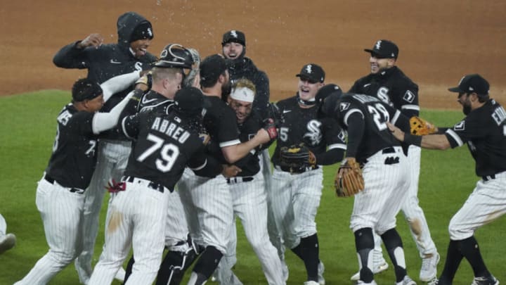 CHICAGO, ILLINOIS - APRIL 14: Carlos Rodon #55 of the Chicago White Sox celebrates his no-hitter with teammates after a game against the Cleveland Indians at Guaranteed Rate Field on April 14, 2021 in Chicago, Illinois. The White Sox defeated the Chicago White Sox 8-0. (Photo by Nuccio DiNuzzo/Getty Images)