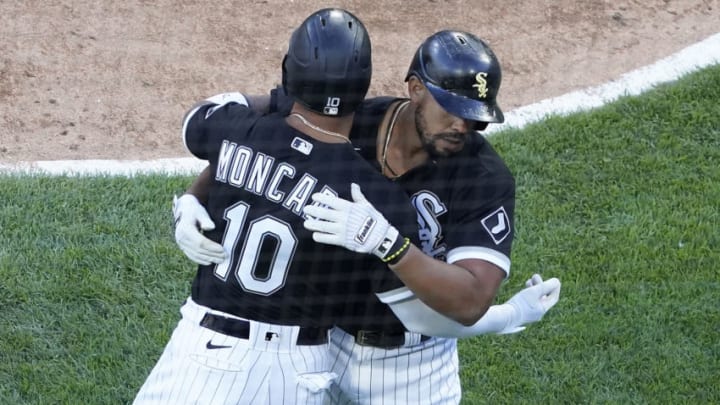 CHICAGO, ILLINOIS - MAY 29: Jose Abreu #79 of the Chicago White Sox is greeted by Yoan Moncada #10 after hitting a two-run home run against the Baltimore Orioles during the sixth inning Game Two of a doubleheader at Guaranteed Rate Field on May 29, 2021 in Chicago, Illinois. (Photo by David Banks/Getty Images)