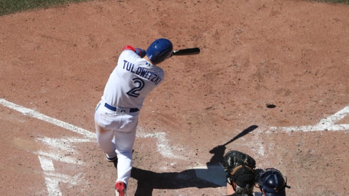 TORONTO, ON - JULY 8: Troy Tulowitzki #2 of the Toronto Blue Jays hits a three-run home run in the seventh inning during MLB game action against the Houston Astros at Rogers Centre on July 8, 2017 in Toronto, Canada. (Photo by Tom Szczerbowski/Getty Images)