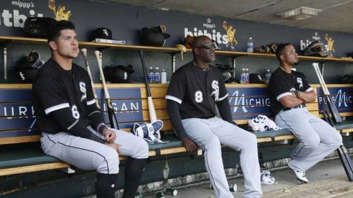 DETROIT, MI - SEPTEMBER 14: Avisail Garcia #26 of the Chicago White Sox watches from the dugout with first base coach Daryl Boston #8 of the Chicago White Sox and Jose Abreu #79 of the Chicago White Sox during the ninth inning of a game against the Detroit Tigers at Comerica Park on September 14, 2017 in Detroit, Michigan. The White Sox defeated the Tigers 17-7. (Photo by Duane Burleson/Getty Images)