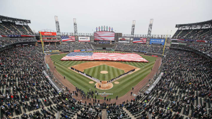 CHICAGO, IL - APRIL 05: Players and fans stand during the National Anthem before the Opening Day home game between the Chicago White Sox and the Detroit Tigers at Guaranteed Rate Field on April 5, 2018 in Chicago, Illinois. (Photo by Jonathan Daniel/Getty Images)