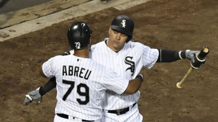 CHICAGO, IL - JUNE 27: Jose Abreu #79 of the Chicago White Sox is greeted by Avisail Garcia #26 after hitting a home run against the Minnesota Twins during the fifth inning on June 27, 2018 at Guaranteed Rate Field in Chicago, Illinois. (Photo by David Banks/Getty Images)