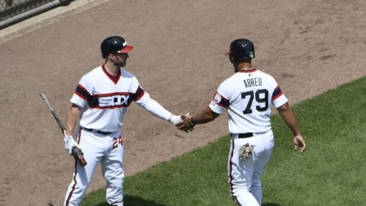 CHICAGO, IL - JULY 15: Jose Abreu #79 of the Chicago White Sox is greeted by Matt Davidson #24 of the Chicago White Sox after scoring against the Kansas City Royals during the third inning on July 15, 2018 at Guaranteed Rate Field in Chicago, Illinois. (Photo by David Banks/Getty Images)