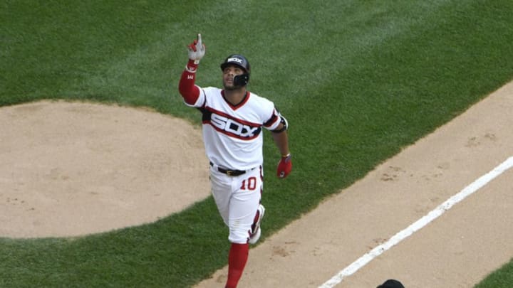 CHICAGO, IL - JULY 15: Yoan Moncada #10 of the Chicago White Sox reacts after hitting a home run against the Kansas City Royals during the fifth inning on July 15, 2018 at Guaranteed Rate Field in Chicago, Illinois. (Photo by David Banks/Getty Images)