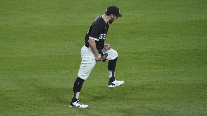 CHICAGO, ILLINOIS - APRIL 14: Carlos Rodon #55 of the Chicago White Sox celebrates his no-hitter against the Cleveland Indians at Guaranteed Rate Field on April 14, 2021 in Chicago, Illinois. The White Sox defeated the Chicago White Sox 8-0. (Photo by Nuccio DiNuzzo/Getty Images)