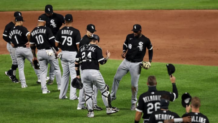 KANSAS CITY, MISSOURI - AUGUST 01: Luis Robert #88 of the Chicago White Sox celebrates with teammates after the Chicago White Sox defeated the Kansas City Royals 11-5 to win the game at Kauffman Stadium on August 01, 2020 in Kansas City, Missouri. (Photo by Jamie Squire/Getty Images)