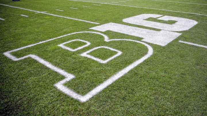 Oct 24, 2015; East Lansing, MI, USA; General view of Big Ten logo on field prior to a game between the Michigan State Spartans and the Indiana Hoosiers at Spartan Stadium. Mandatory Credit: Mike Carter-USA TODAY Sports