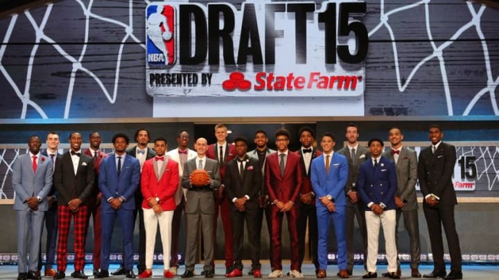 Jun 25, 2015; Brooklyn, NY, USA; Prospects pose for a group picture with NBA commissioner Adam Silver (holding basketball) before the start of the 2015 NBA Draft at Barclays Center. Mandatory Credit: Brad Penner-USA TODAY Sports