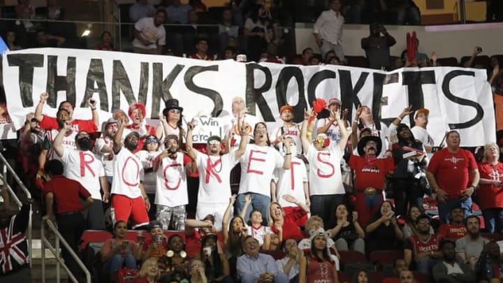 Apr 13, 2016; Houston, TX, USA; The Houston Rockets fans thank the Rocket for the season while the Rockets play the Sacramento Kings in the second half at Toyota Center. Rockets won 116 to 81. Mandatory Credit: Thomas B. Shea-USA TODAY Sports