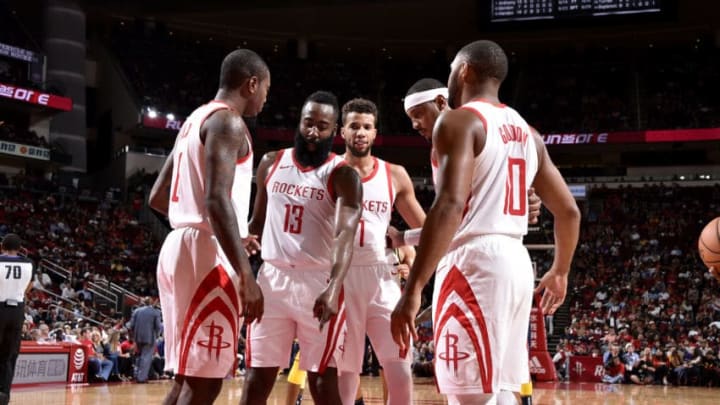 HOUSTON, TX - OCTOBER 4: the Houston Rockets huddle up during a pre-season game against the Indiana Pacers on October 4, 2018 at Toyota Center, in Houston, Texas. NOTE TO USER: User expressly acknowledges and agrees that, by downloading and/or using this Photograph, user is consenting to the terms and conditions of the Getty Images License Agreement. Mandatory Copyright Notice: Copyright 2018 NBAE (Photo by Bill Baptist/NBAE via Getty Images)