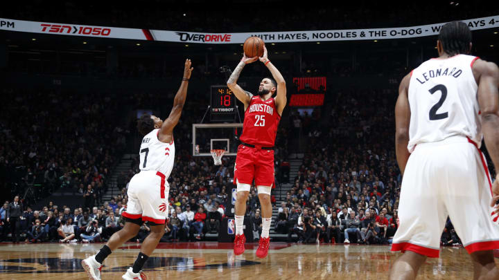 Austin Rivers #25 of the Houston Rockets shoots the ball against the Toronto Raptors