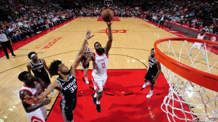 HOUSTON, TX - MARCH 30: James Harden #13 of the Houston Rockets shoots the ball against the Sacramento Kings on March 30, 2019 at the Toyota Center in Houston, Texas. NOTE TO USER: User expressly acknowledges and agrees that, by downloading and or using this photograph, User is consenting to the terms and conditions of the Getty Images License Agreement. Mandatory Copyright Notice: Copyright 2019 NBAE (Photo by Bill Baptist/NBAE via Getty Images)