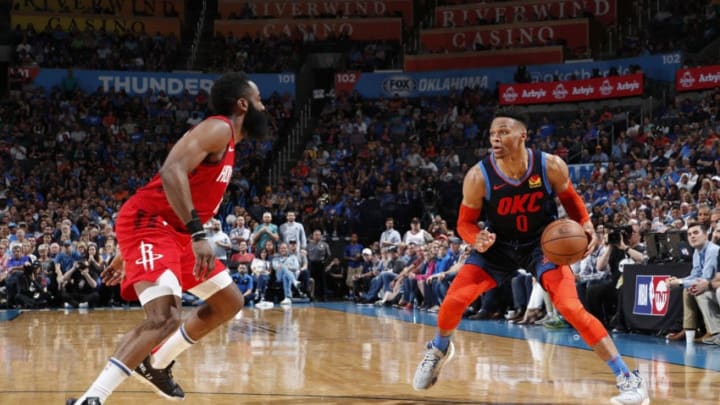 Russell Westbrook #0 of the Oklahoma City Thunder handles the ball during the game against James Harden #13 of the Houston Rockets (Photo by Jeff Haynes/NBAE via Getty Images) Russell Westbrook #0 of the Oklahoma City Thunder handles the ball during the game against James Harden #13 of the Houston Rockets (Photo by Jeff Haynes/NBAE via Getty Images)