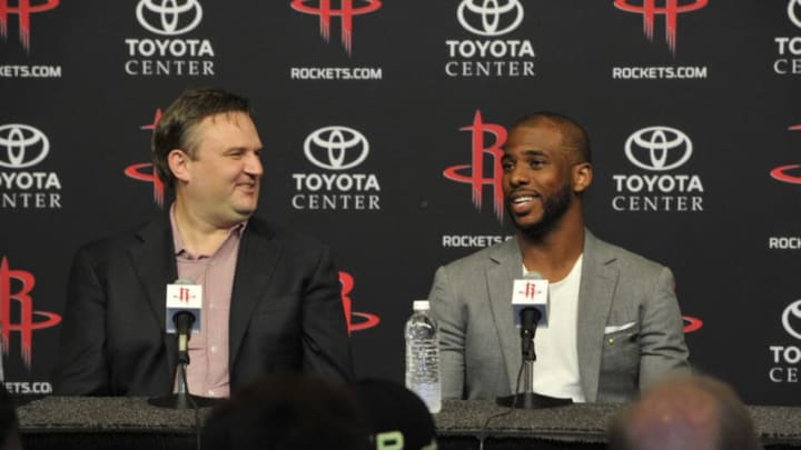 General Manager Daryl Morey of the Houston Rockets introduces Chris Paul as he speaks to the media during a press conference on July 14, 2017 at the Toyota Center in Houston, Texas. NOTE TO USER: User expressly acknowledges and agrees that, by downloading and/or using this photograph, user is consenting to the terms and conditions of the Getty Images License Agreement. Mandatory Copyright Notice: Copyright 2017 NBAE (Photo by Bill Baptist/NBAE via Getty Images)