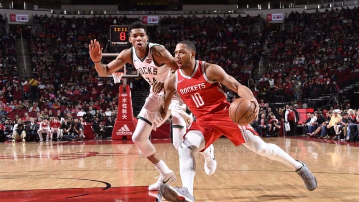 HOUSTON, TX - DECEMBER 16: Eric Gordon #10 of the Houston Rockets drives to the basket against Giannis Antetokounmpo #34 of the Milwaukee Bucks on December 16, 2017 at the Toyota Center in Houston, Texas. NOTE TO USER: User expressly acknowledges and agrees that, by downloading and or using this photograph, User is consenting to the terms and conditions of the Getty Images License Agreement. Mandatory Copyright Notice: Copyright 2017 NBAE (Photo by Bill Baptist/NBAE via Getty Images) HOUSTON, TX - DECEMBER 16: Eric Gordon #10 of the Houston Rockets drives to the basket against Giannis Antetokounmpo #34 of the Milwaukee Bucks on December 16, 2017 at the Toyota Center in Houston, Texas. NOTE TO USER: User expressly acknowledges and agrees that, by downloading and or using this photograph, User is consenting to the terms and conditions of the Getty Images License Agreement. Mandatory Copyright Notice: Copyright 2017 NBAE (Photo by Bill Baptist/NBAE via Getty Images)