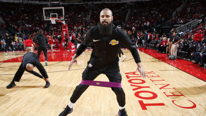 HOUSTON, TX - JANUARY 19 : Tyson Chandler #5 of the Los Angeles Lakers warms up prior to the game against the Houston Rockets on January 19, 2019 at the Toyota Center in Houston, Texas. NOTE TO USER: User expressly acknowledges and agrees that, by downloading and or using this photograph, User is consenting to the terms and conditions of the Getty Images License Agreement. Mandatory Copyright Notice: Copyright 2019 NBAE (Photo by Jeff Haynes/NBAE via Getty Images)