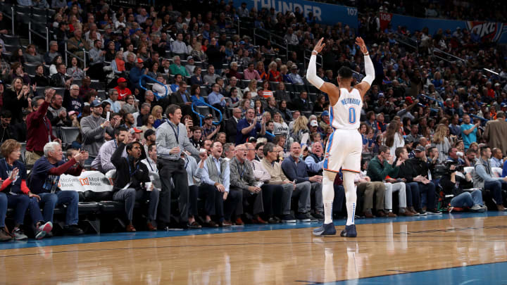 Russell Westbrook #0 of the Oklahoma City Thunder celebrates with the fans during the game against the Utah Jazz