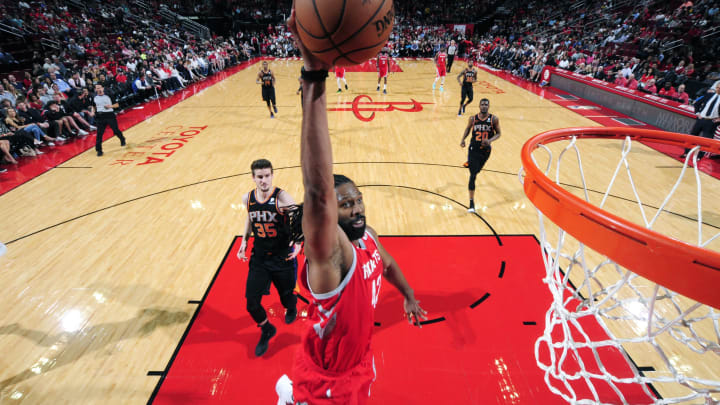 HOUSTON, TX – APRIL 7: Nene Hilario #42 of the Houston Rockets dunks the ball against the Phoenix Suns on April 7, 2019 at the Toyota Center in Houston, Texas. NOTE TO USER: User expressly acknowledges and agrees that, by downloading and/or using this photograph, user is consenting to the terms and conditions of the Getty Images License Agreement. Mandatory Copyright Notice: Copyright 2019 NBAE (Photo by Bill Baptist/NBAE via Getty Images)