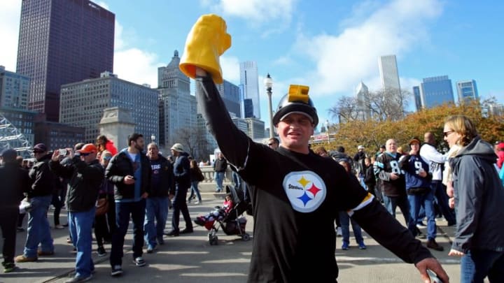 Apr 30, 2015; Chicago, IL, USA; Pittsburgh Steelers fan Josh McIntyre cheers at DraftTown in Grant Park before the 2015 NFL Draft at the Auditorium Theatre of Roosevelt University. Mandatory Credit: Jerry Lai-USA TODAY Sports